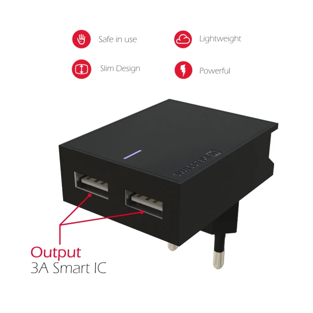 Swissten Travel Adapter Smart IC 2X USB 3A Power Negru