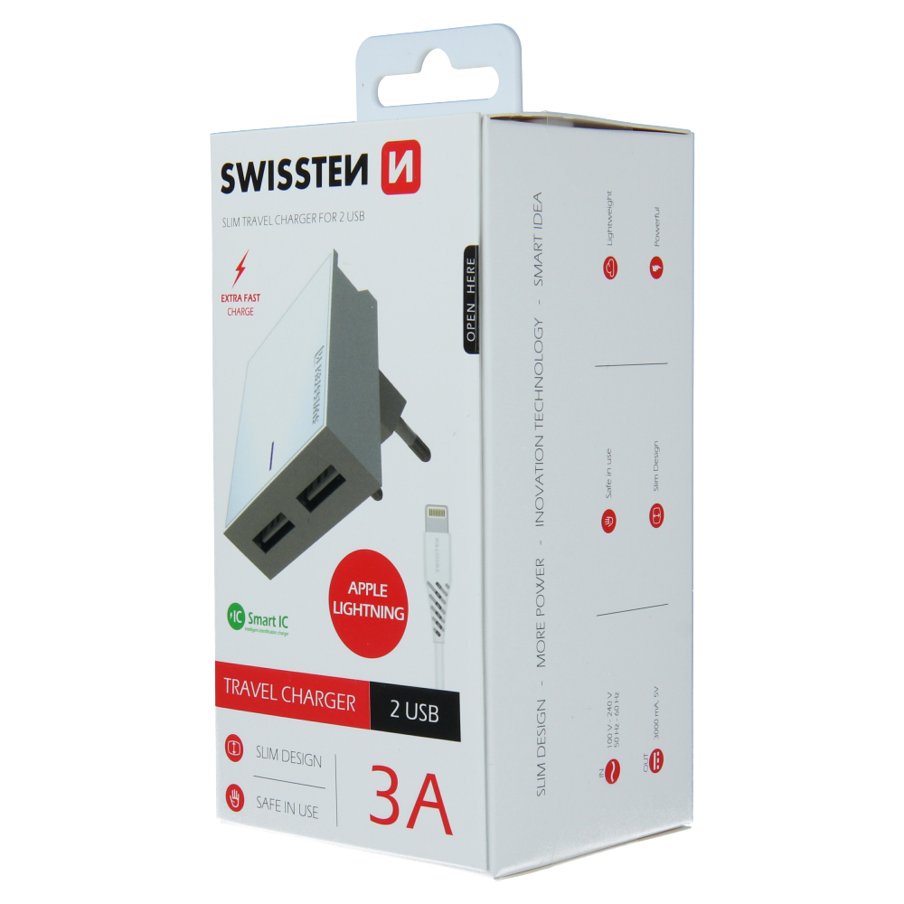 Swissten Travel Adapter Smart IC 2x USB 3A Power + Cablu de date USB / Lightning 1,2 m Alb thumb