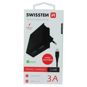 Swissten Travel Adapter Smart IC 2X USB 3A Power + Cablu de date USB / Lightning 1,2 M Negru