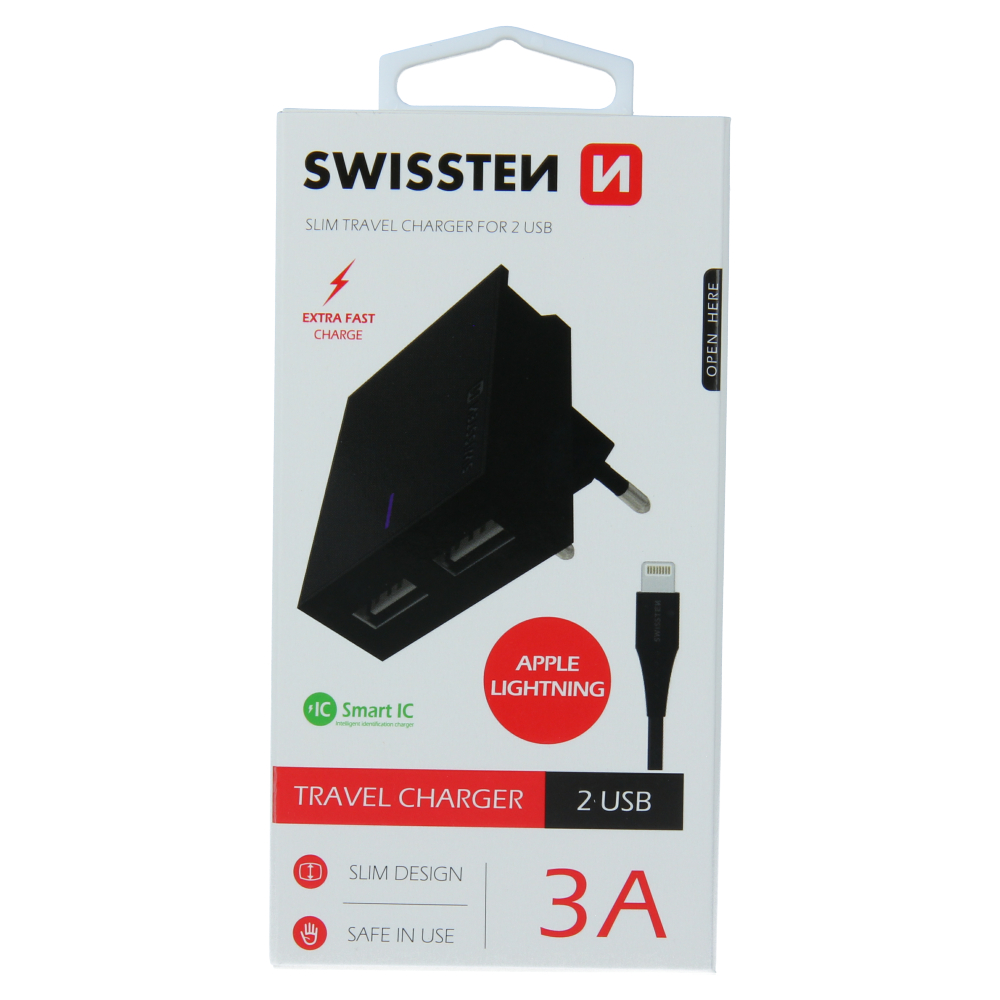 Swissten Travel Adapter Smart IC 2X USB 3A Power + Cablu de date USB / Lightning 1,2 M Negru thumb