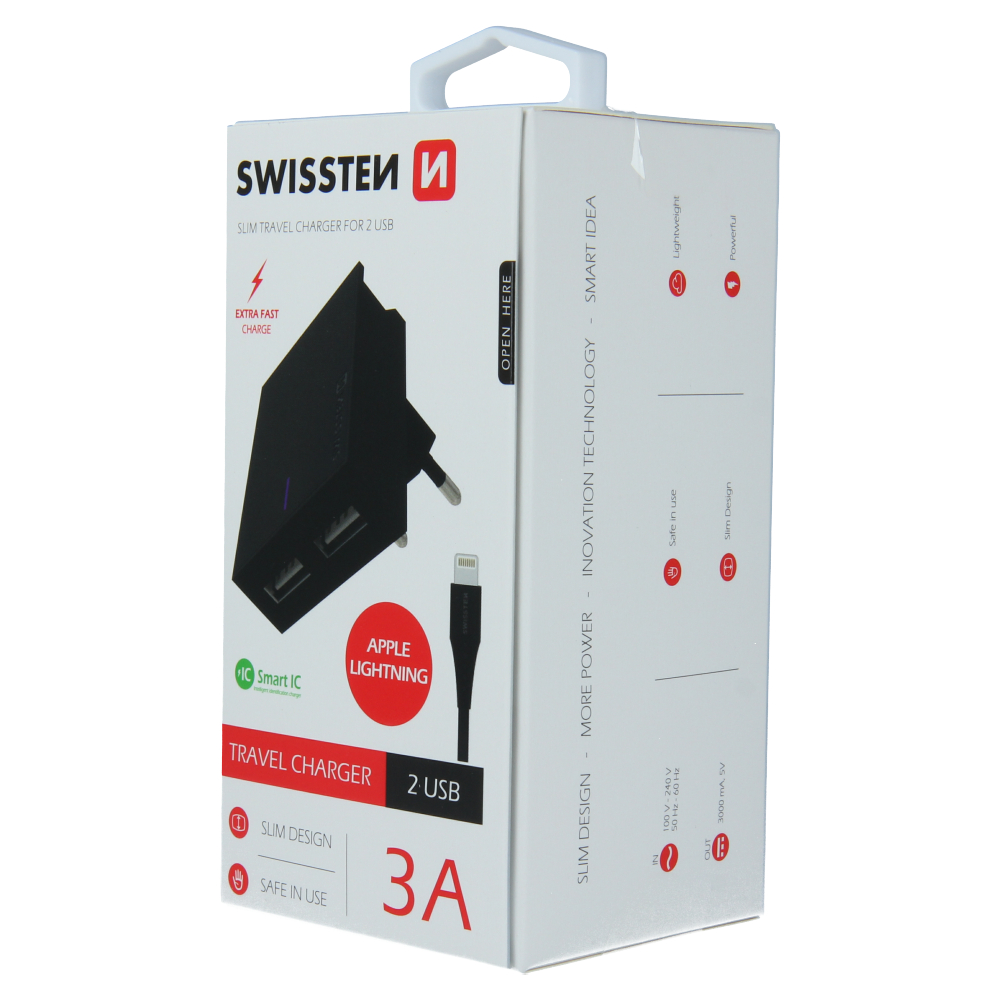 Swissten Travel Adapter Smart IC 2X USB 3A Power + Cablu de date USB / Lightning 1,2 M Negru thumb