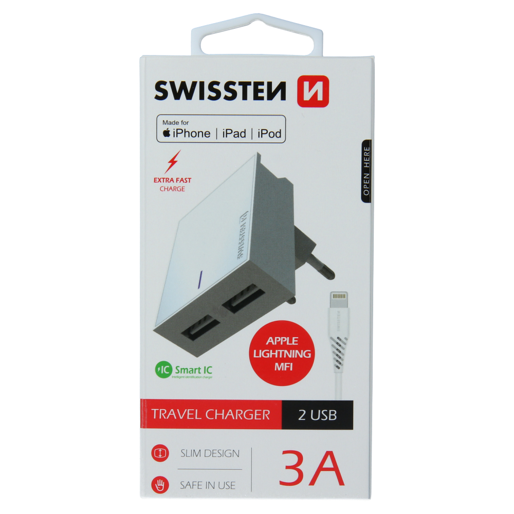 Swissten Travel Adapter Smart IC 2x USB 3A Power + Cablu de date USB / Lightning MFI 1,2 M Alb thumb