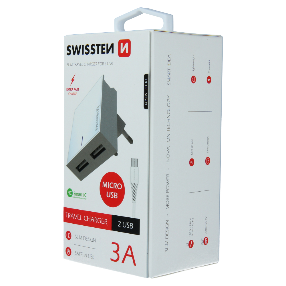 Swissten Travel Adapter Smart IC 2x USB 3A Power + Cablu de date USB / Micro USB 1,2 M Alb thumb