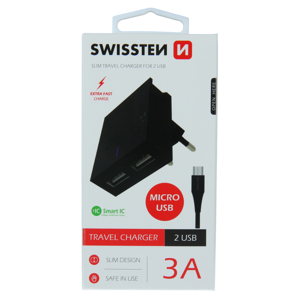 Swissten Travel Adapter Smart IC 2x USB 3A Power + Cablu de date USB / Micro USB 1,2 M Negru thumb