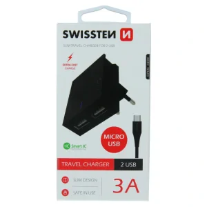Swissten Travel Adapter Smart IC 2x USB 3A Power + Cablu de date USB / Micro USB 1,2 M Negru