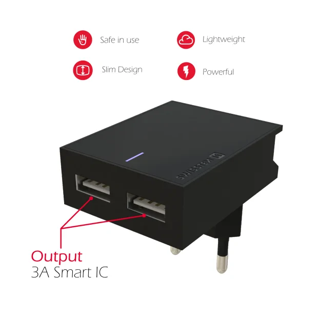 Swissten Travel Adapter Smart IC 2x USB 3A Power + Cablu de date USB / Micro USB 1,2 M Negru