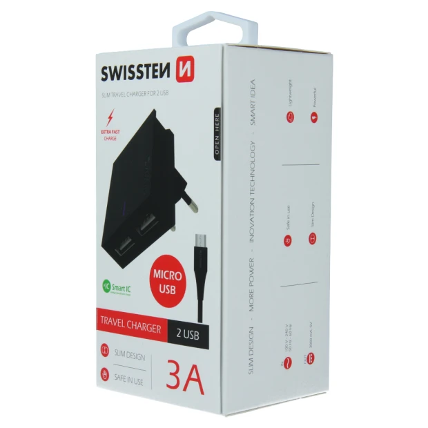 Swissten Travel Adapter Smart IC 2x USB 3A Power + Cablu de date USB / Micro USB 1,2 M Negru