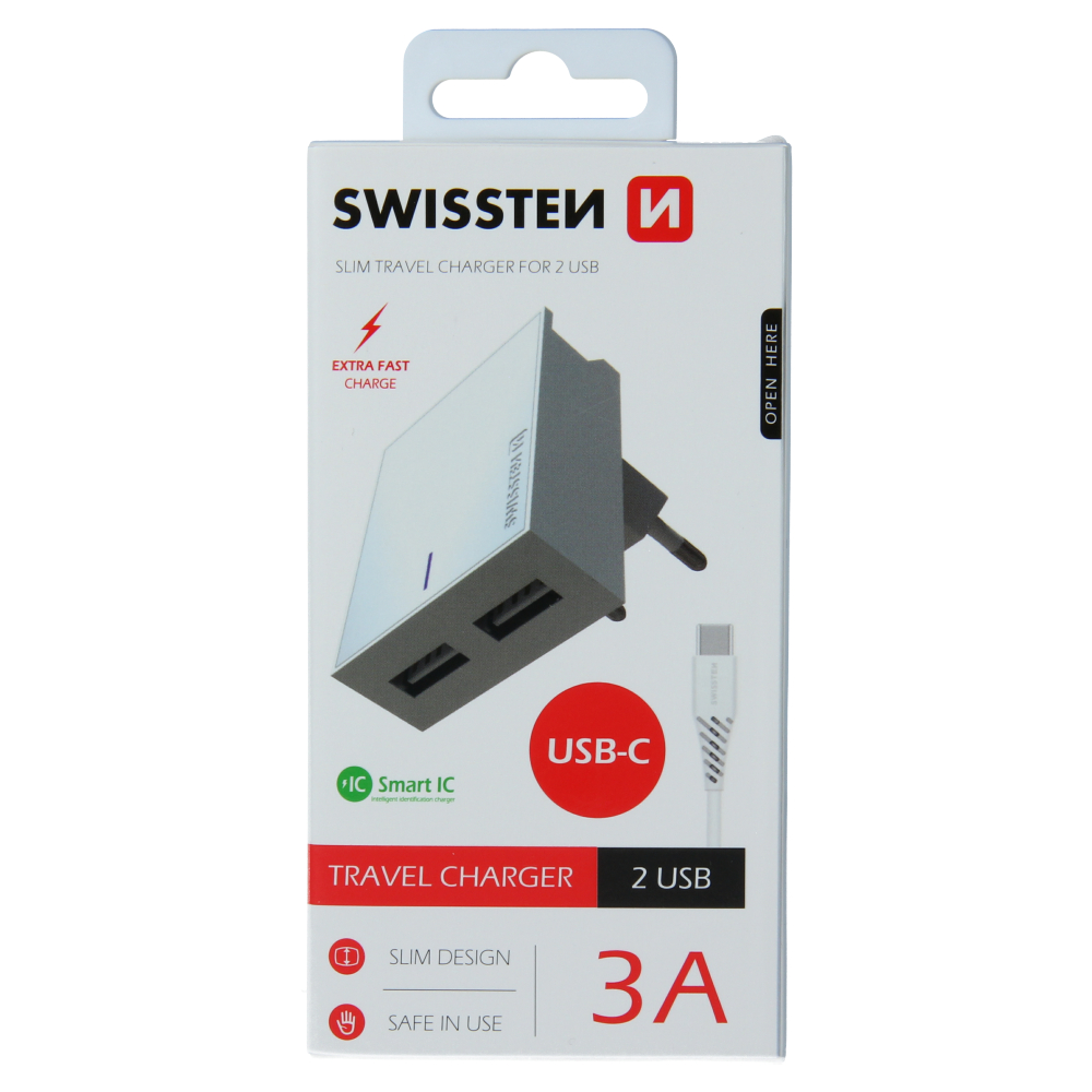 Swissten Travel Adapter Smart IC 2x USB 3A Power + Cablu de date USB / Type C 1.2 M Alb thumb