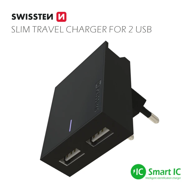 Swissten Travel Adapter Smart IC 2x USB 3A Power + Cablu de date USB / Type C 1.2 M Negru