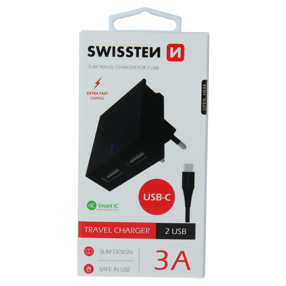 Swissten Travel Adapter Smart IC 2x USB 3A Power + Cablu de date USB / Type C 1.2 M Negru thumb