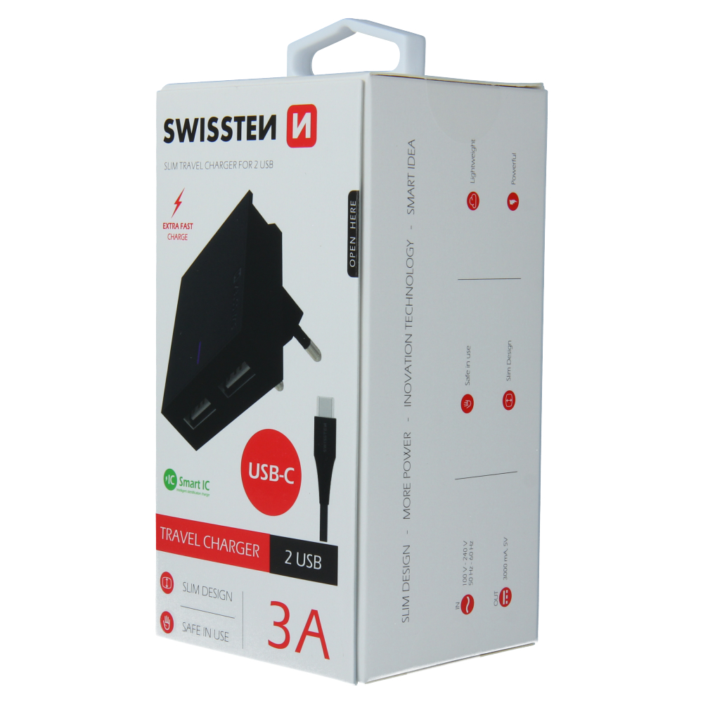 Swissten Travel Adapter Smart IC 2x USB 3A Power + Cablu de date USB / Type C 1.2 M Negru thumb