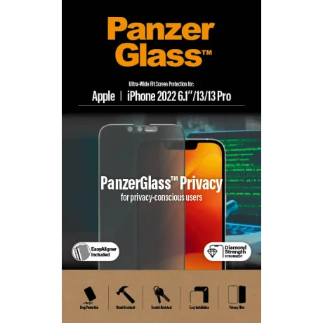 Protector de ecran de privacy PanzerGlass Apple iPhone 14 | 13 | 13 Pro | Potrivire ultra-larga cu. EasyAligner