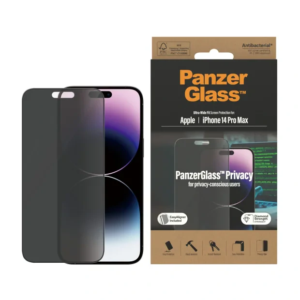 Protector de ecran de privacy PanzerGlass Apple iPhone 14 Pro Max | Potrivire ultra-larga cu. EasyAligner