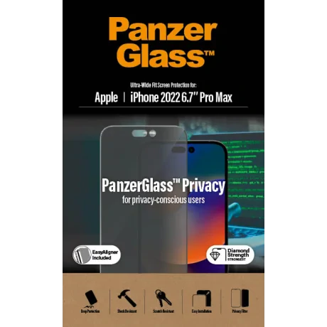 Protector de ecran de privacy PanzerGlass Apple iPhone 14 Pro Max | Potrivire ultra-larga cu. EasyAligner