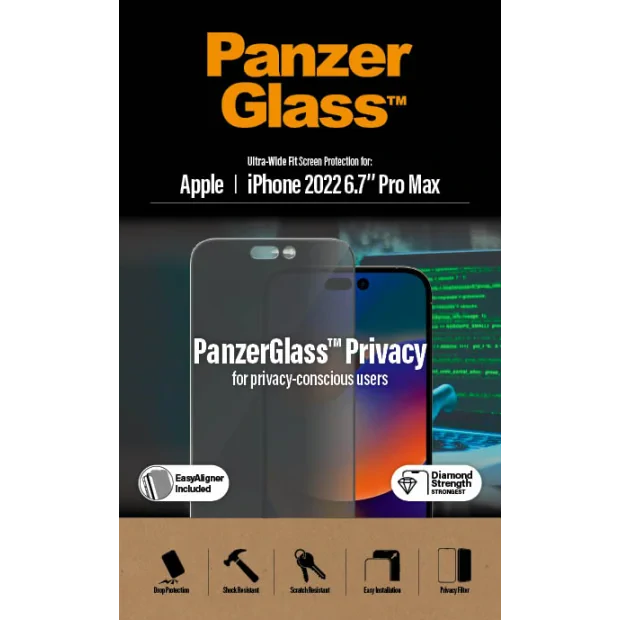 Protector de ecran de privacy PanzerGlass Apple iPhone 14 Pro Max | Potrivire ultra-larga cu. EasyAligner
