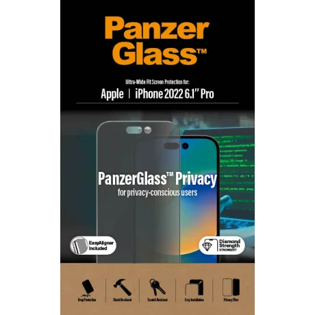 Protector de ecran de privacy PanzerGlass Apple iPhone 14 Pro | Potrivire ultra-larga cu. EasyAligner
