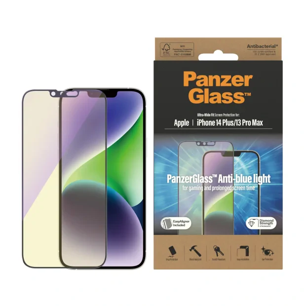 Protector de ecran PanzerGlass anti-lumina albastra Apple iPhone 14 Plus | 13 Pro Max | Potrivire ultra-larga cu. EasyAligner