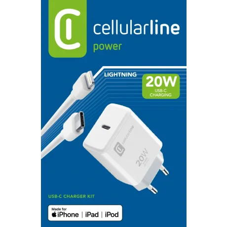 Set Cellularline Incarcator 20W +Cablu Usb-C la Lightning -iPad ACHIPDKITC2LMFI20W