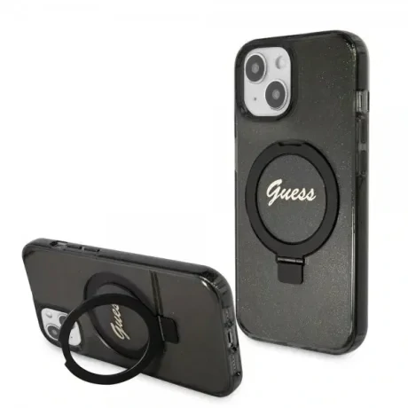 Guess IML Ring Stand Glitter MagSafe Zadni Kryt pro iPhone 15 Black