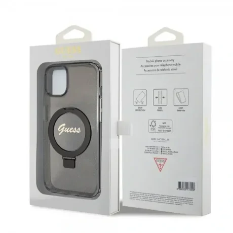 Guess IML Ring Stand Glitter MagSafe Zadni Kryt pro iPhone 15 Black