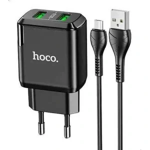 Set Incarcator Retea+ Cablu Date Usb to Micro Usb Hoco N6 Charmer 2xUSB 3A 1m Negru