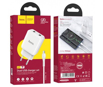 Set Incarcator Retea+ Cablu Date Usb to Micro Usb Hoco N7 Speedy 2xUSB 2.1A 1m Alb thumb