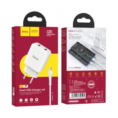 Set Incarcator Retea+ Cablu Date Usb to Micro Usb Hoco N7 Speedy 2xUSB 2.1A 1m Alb