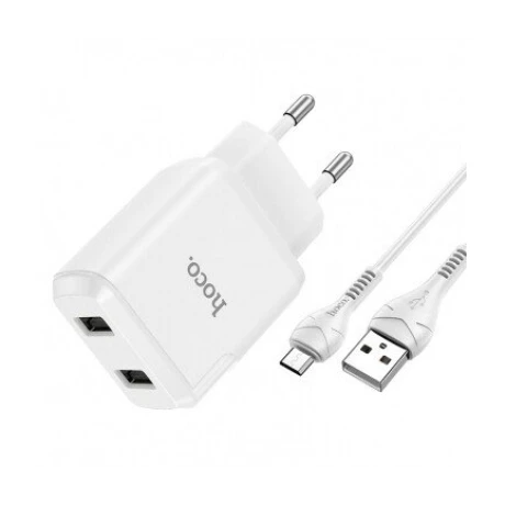 Set Incarcator Retea+ Cablu Date Usb to Micro Usb Hoco N7 Speedy 2xUSB 2.1A 1m Alb