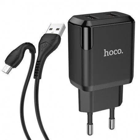 Set Incarcator Retea+ Cablu Date Usb to Micro Usb Hoco N7 Speedy 2xUSB 2.1A 1m Negru thumb