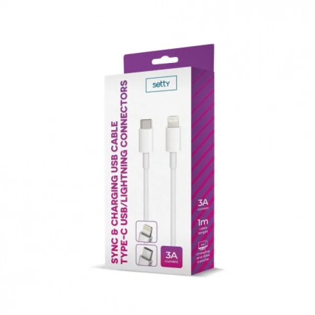 Cablu USB-C la Lightning Setty 1,0m 3A Alb