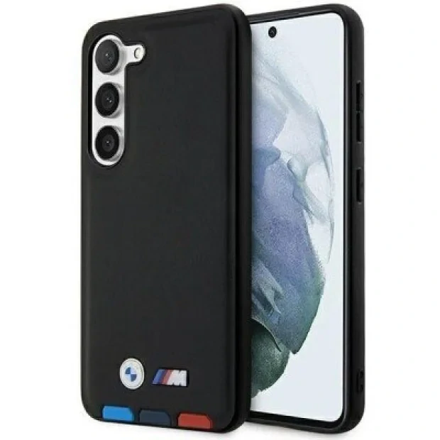 Husa spate BMW Piele Stamp Tricolor pentru Samsung Galaxy S23 Negru