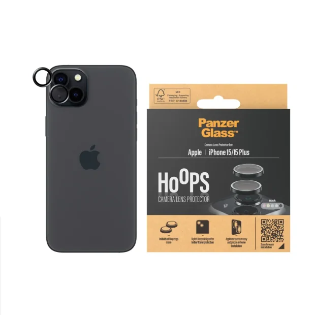 Folie Sticla Camera PanzerGlass Hoops pentru iPhone 15/15 Plus Negru