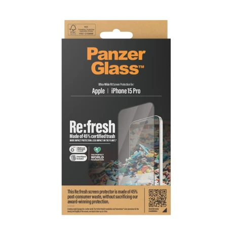 Folie Sticla PanzerGlass Re:fresh UWF pentru iPhone 15 Pro cu aplicator  Negru