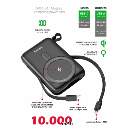Acumulator extern SWISSTEN 10000 mAh 22.5W (compatibil Magsafe) cu cabluri USB-C și LIGHTNING încorporate 
