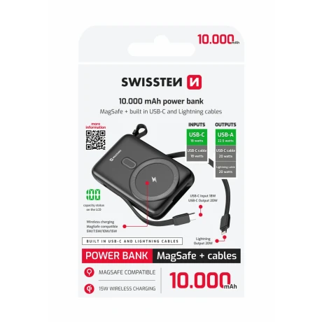 Acumulator extern SWISSTEN 10000 mAh 22.5W (compatibil Magsafe) cu cabluri USB-C și LIGHTNING încorporate 