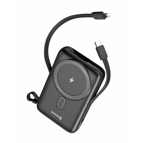 Acumulator extern SWISSTEN 10000 mAh 22.5W (compatibil Magsafe) cu cabluri USB-C și LIGHTNING încorporate 