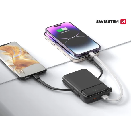 Acumulator extern SWISSTEN 10000 mAh 22.5W (compatibil Magsafe) cu cabluri USB-C și LIGHTNING încorporate 