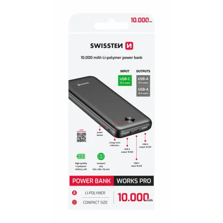 Acumulator extern SWISSTEN 10000 mAh WORX PRO NEGRU
