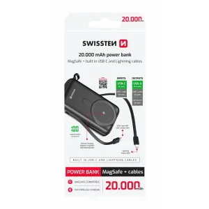 Acumulator extern SWISSTEN 20000 mAh 22.5W (compatibil cu Magsafe) cu cabluri USB-C și LIGHTNING încorporate 