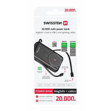 Acumulator extern SWISSTEN 20000 mAh 22.5W (compatibil cu Magsafe) cu cabluri USB-C și LIGHTNING încorporate 