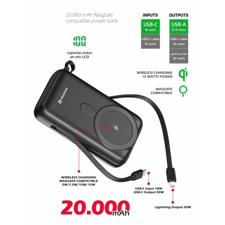 Acumulator extern SWISSTEN 20000 mAh 22.5W (compatibil cu Magsafe) cu cabluri USB-C și LIGHTNING încorporate 
