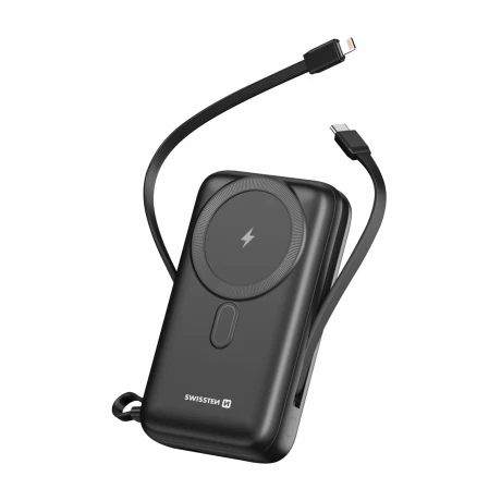 Acumulator extern SWISSTEN 20000 mAh 22.5W (compatibil cu Magsafe) cu cabluri USB-C și LIGHTNING încorporate 