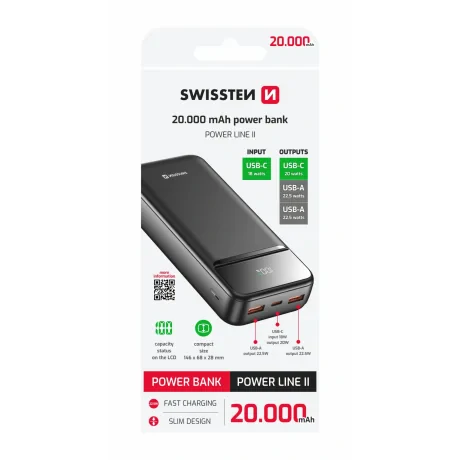 Acumulator extern SWISSTEN 20000 mAh POWER LINE II NEGRU