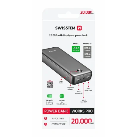 Acumulator extern SWISSTEN 20000 mAh WORX PRO NEGRU