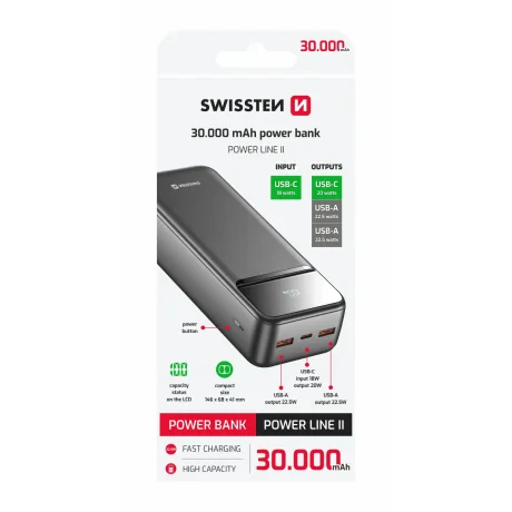Acumulator extern SWISSTEN 30000 mAh POWER LINE II NEGRU