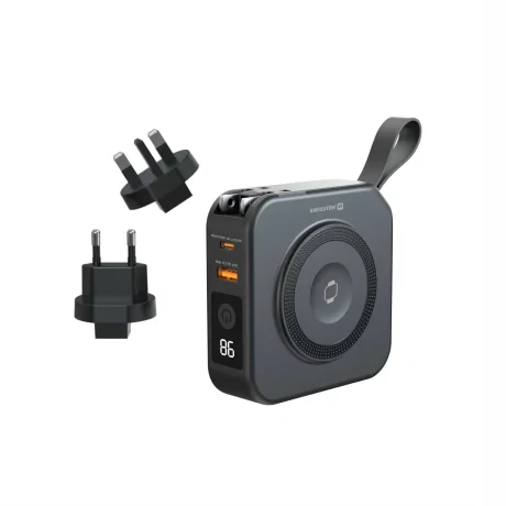 Acumulator extern SWISSTEN ALL-IN-ONE PRO cu mufe interschimbabile (SUA, UE, Marea Britanie) 10000 mAh 20W Negru