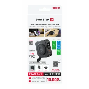 Acumulator extern SWISSTEN ALL-IN-ONE PRO cu mufe interschimbabile (SUA, UE, Marea Britanie) 10000 mAh 20W Negru