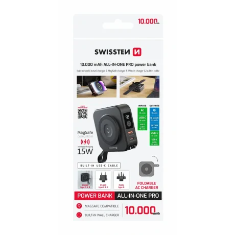 Acumulator extern SWISSTEN ALL-IN-ONE PRO cu mufe interschimbabile (SUA, UE, Marea Britanie) 10000 mAh 20W Negru