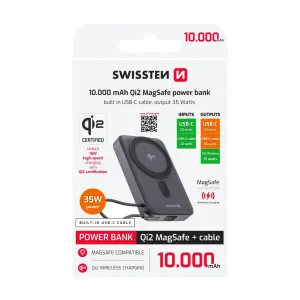 Acumulator extern SWISSTEN MagSafe Qi2 10000 mAh 15W cu cablu USB-C încorporat, negru