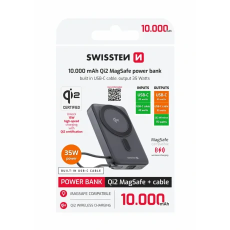 Acumulator extern SWISSTEN MagSafe Qi2 10000 mAh 15W cu cablu USB-C încorporat, negru